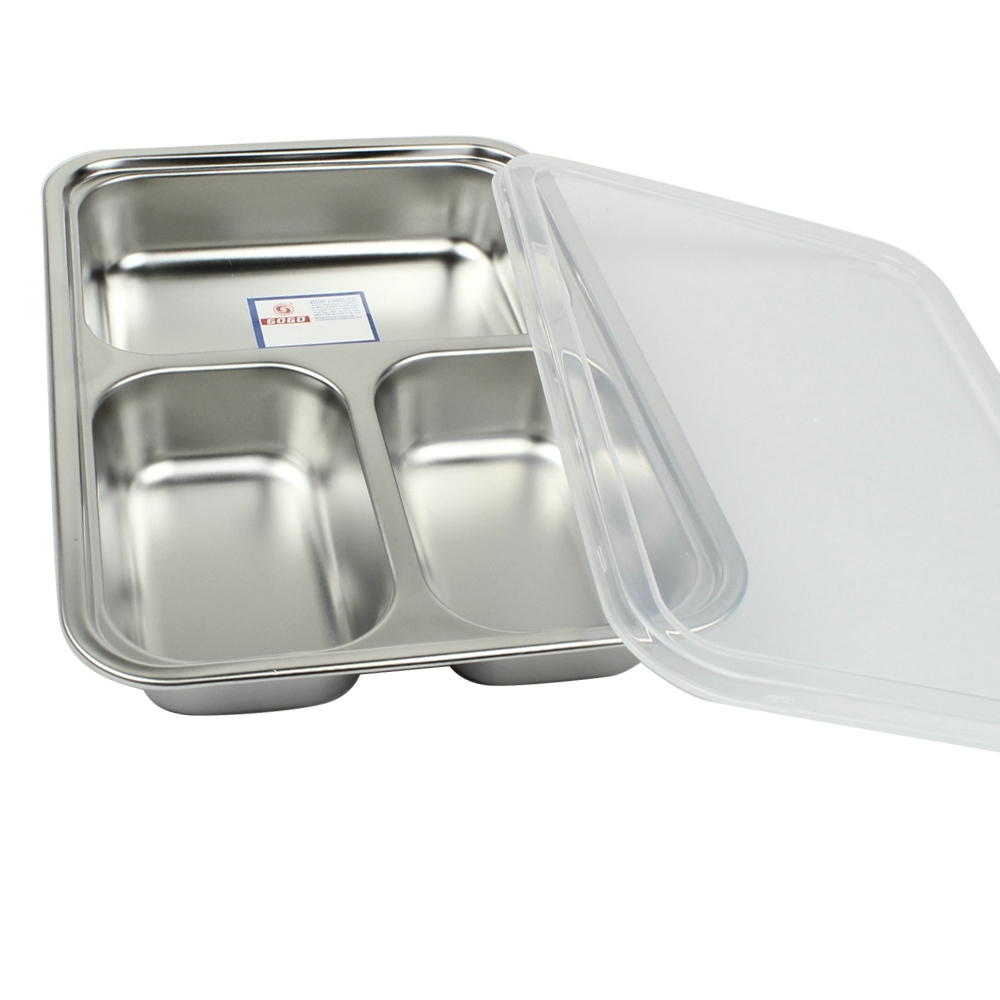 Telecorsa ถาดใส่อาหาร ถาดหลุม 3 ช่อง มีฝาปิด ทรงสี่เหลี่ยม  รุ่น Food-Stainless-Steel-tray-3holes-Cover-00h-June-Beam