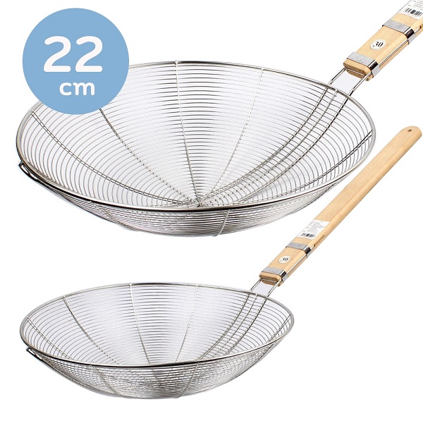 Telecorsa colander Stainless steel frying pan with wooden handle Available in sizes: Circle-sieve-22-cm-boiling-frying-05f-TC
