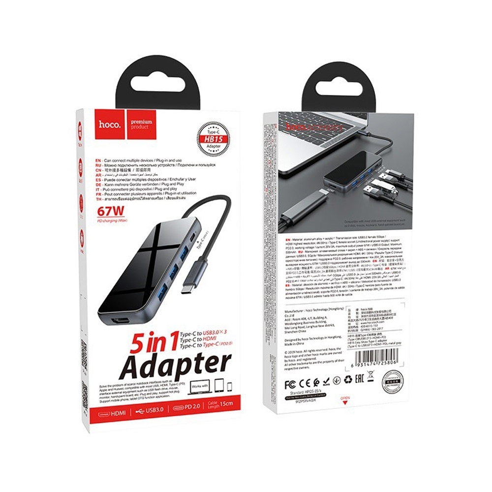 TELECORSA HOCO HB15 Adapter 5in1 USB Model TypeC-Converter-5in1-USB3.0x3-HDMI-TYPEC-Adapter-09E-RI