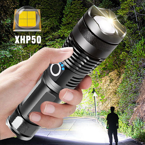 【Ship from Thailand】 High voltage flashlight XHP50.2 Zoomable Flashlight Torch 5 Modes High-force flashlight Zoom get a full set of 18650 Battery Camping Hunting Lamp 