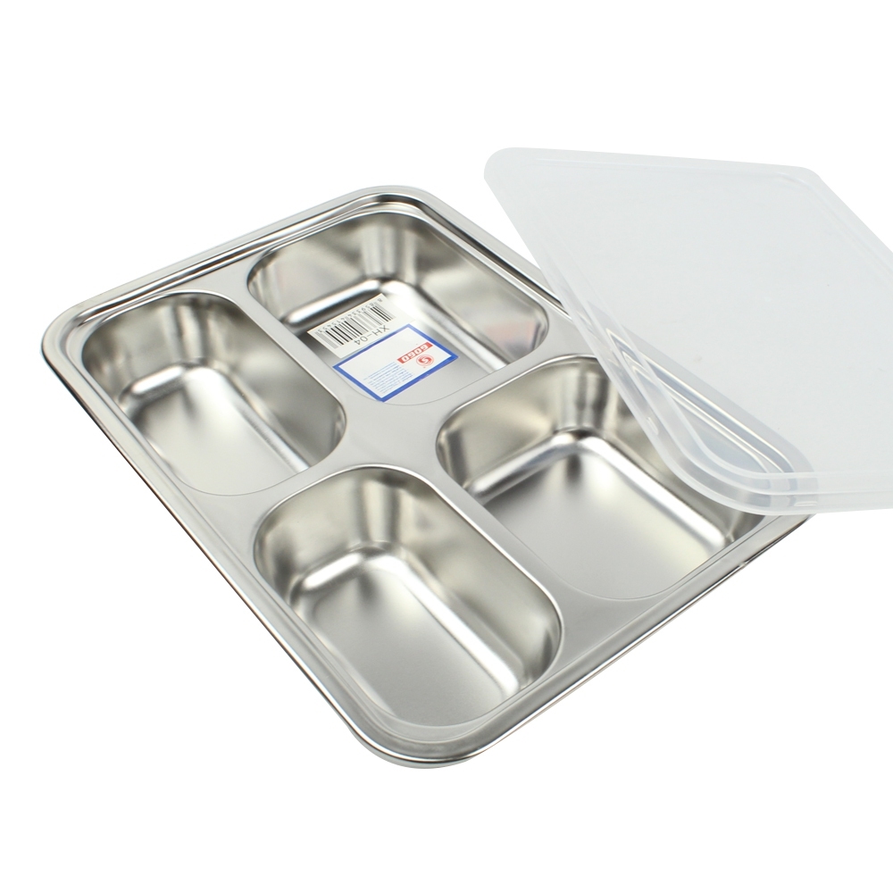 Telecorsa ถาดใส่อาหาร ถาดหลุม มีฝาปิด ขนาดเล็ก รุ่น Stainless-Steel-Small-Food-tray-4holes-with-Plastic-Cover-00h-June-Beam
