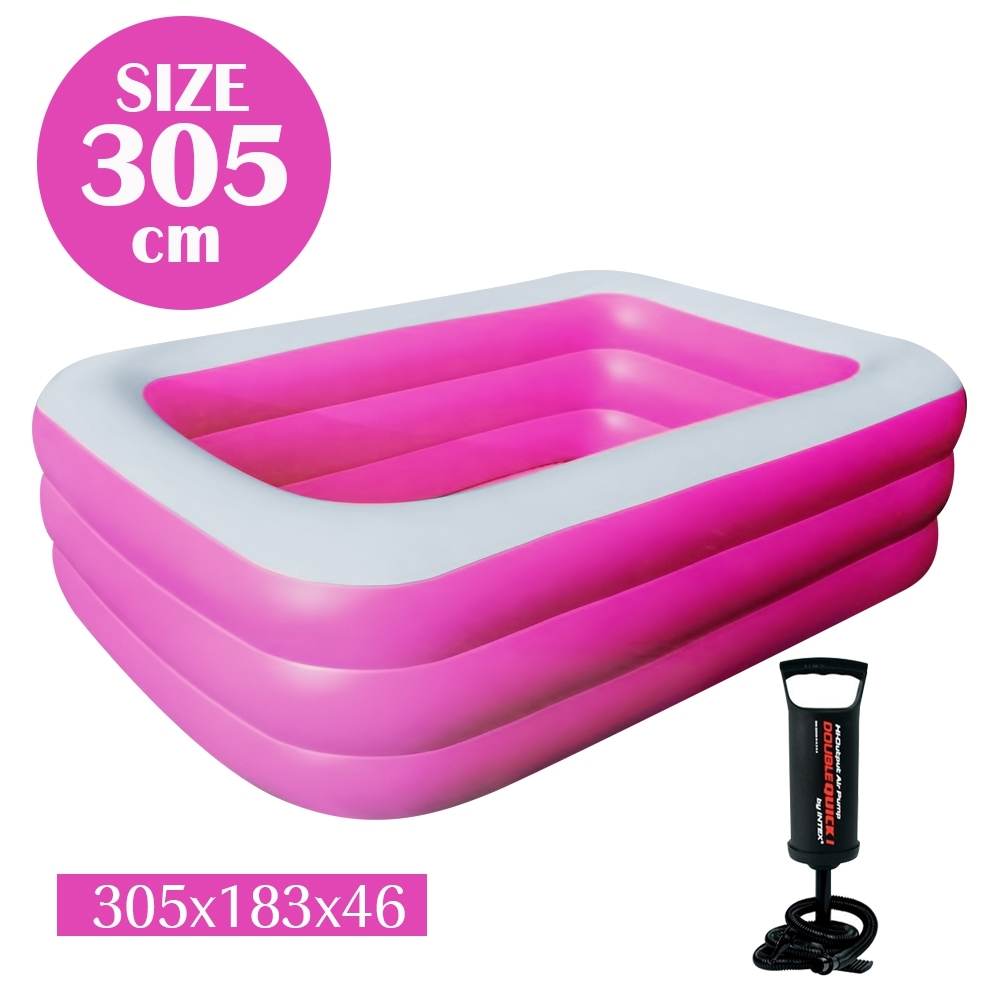 Telecorsa สระน้ำเป่าลม สระว่ายน้ำเป่าลม 3 ชั้น Family Pool ขนาด 305x183x46 cm สีชมพูพร้อมที่เป่าลมธรรมดา รุ่น Swim-305-183-46-Pink-05F-Toy-handpump