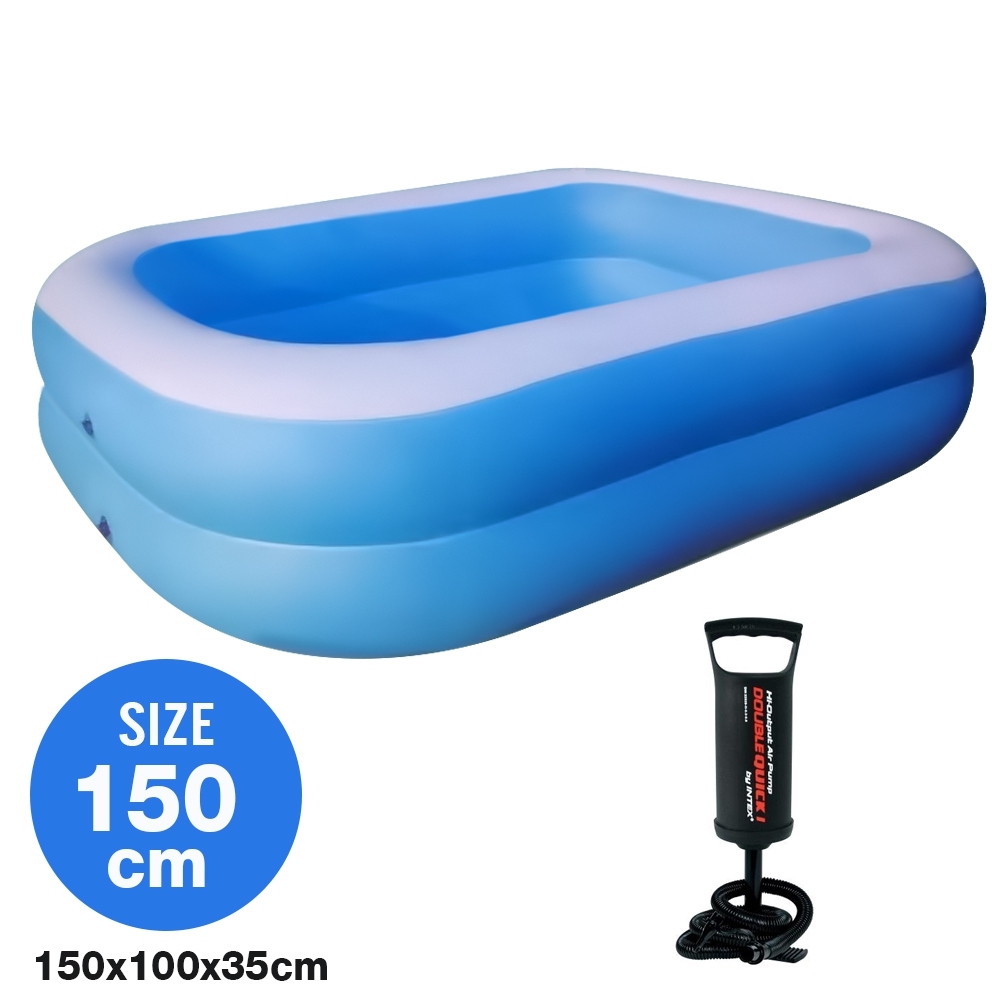 Telecorsa สระน้ำเป่าลม สระว่ายน้ำเป่าลม Family Pool ขนาด 150x100x35 cm สีฟ้า พร้อมที่เป่าลมธรรมดา รุ่น Swim150-00c-Rim-Blueเป่าลมมือ