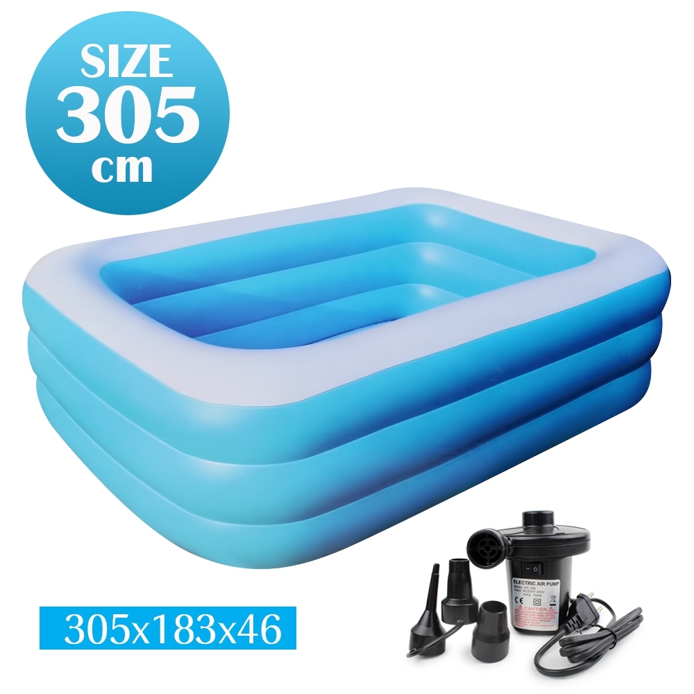 Telecorsa สระน้ำเป่าลม สระว่ายน้ำเป่าลม Family Pool ขนาด 305x183x46 cm สีฟ้า พร้อมเป่าลมไฟฟ้า รุ่น Swim-305-183-46-Blue-05F-Toy-epump