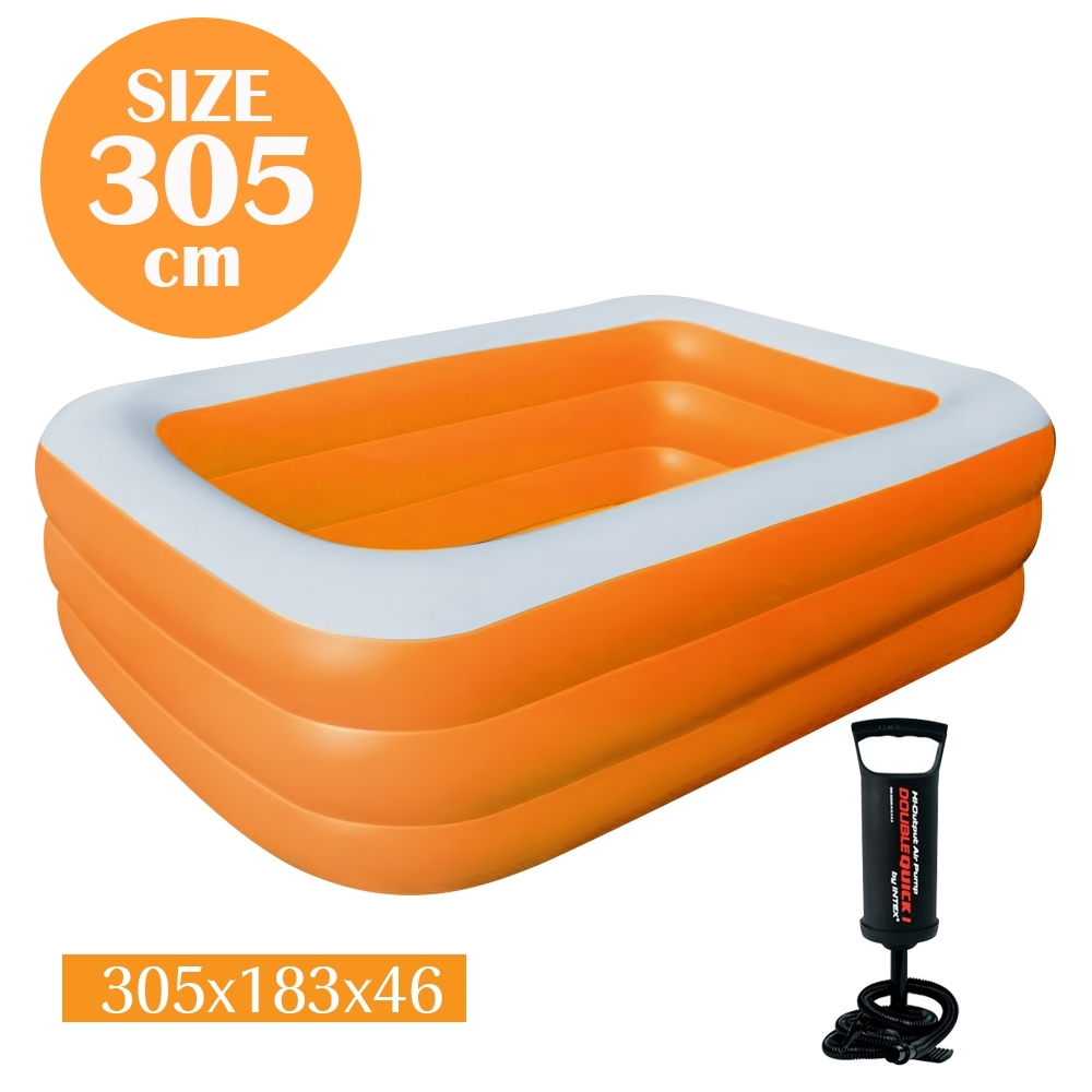 Telecorsa สระน้ำเป่าลม สระว่ายน้ำเป่าลม 3ชั้น Family Pool ขนาด 305x183x46 cm สีส้มพร้อมที่เป่าลมธรรมดา รุ่น Swim-305-183-46-Orange-05F-Toy-handpump