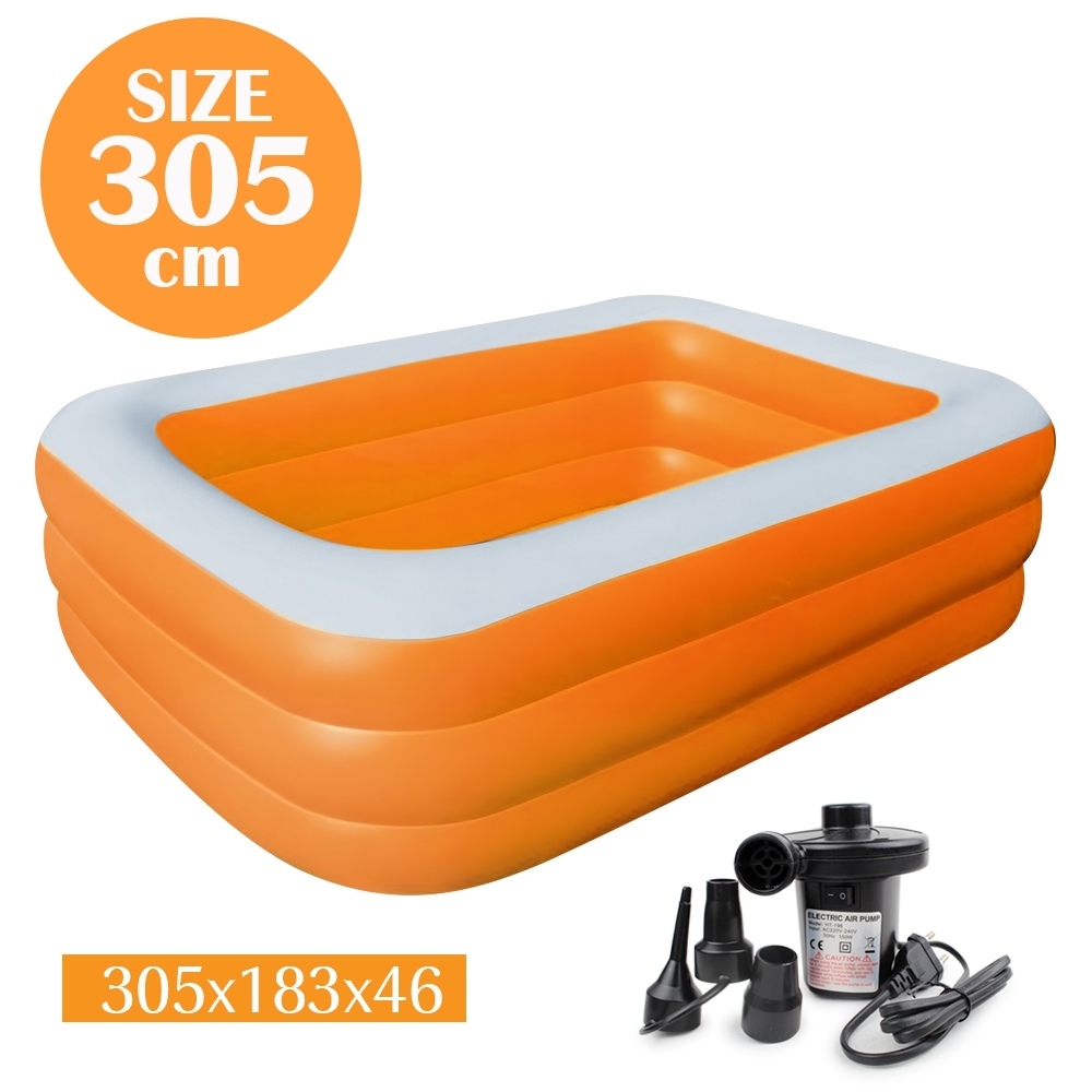 Telecorsa สระน้ำเป่าลม สระว่ายน้ำเป่าลม 3ชั้น Family Pool ขนาด 305x183x46 cm สีส้มพร้อมเครื่องเป่าลมไฟฟ้า รุ่น Swim-305-183-46-Orange-05F-Toy-epump