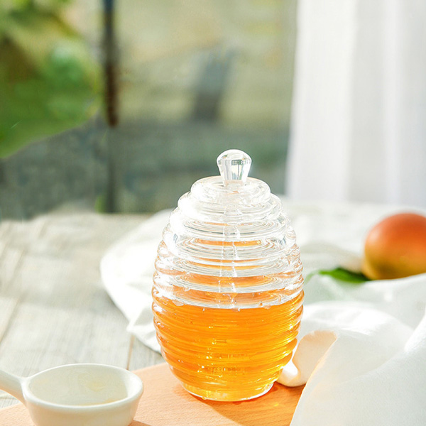 หม้อน้ำผึ้ง พร้อมฝากระบวย ถังเก็บรังผึ้งแก้วโบโรซิลิเกตใส โหลสำหรับใส่น้ำผึ้ง ขวดใส่น้ำผึ้ง