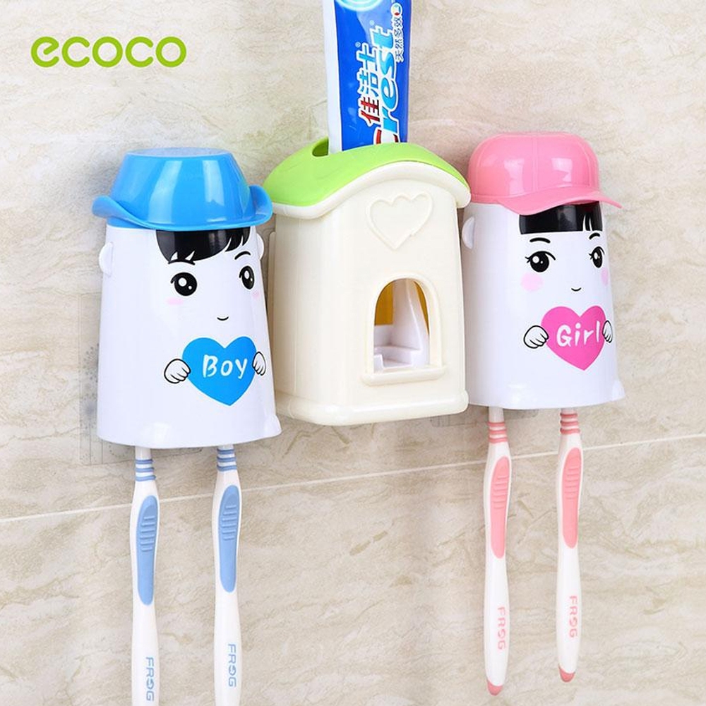 Telecorsa เครื่องบีบยาสีฟันอัตโนมัติ ลายการ์ตูนพร้อมที่แขวนแปรง เซ็ตครอบครัว ECOCO รุ่น Family-Toothbrush-Toothpaste-Holder-08A-J1